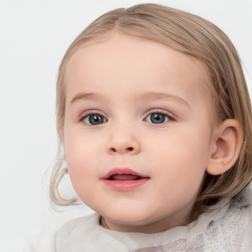 Joyful white child female with medium  brown hair and blue eyes