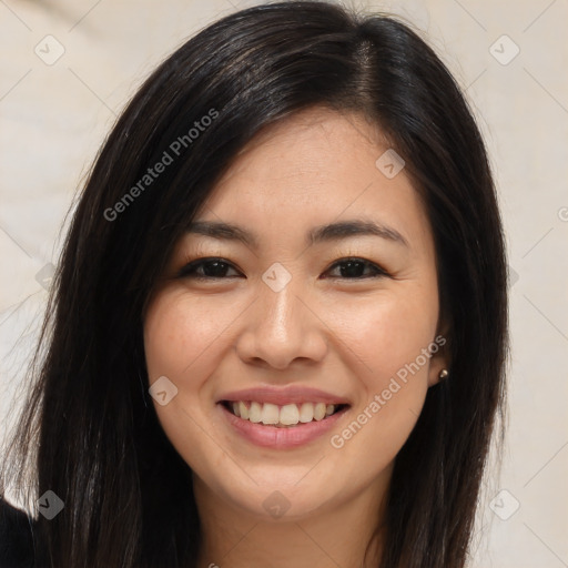 Joyful white young-adult female with long  brown hair and brown eyes