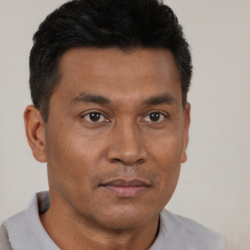 Neutral asian adult male with short  brown hair and brown eyes