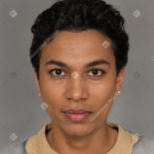 Neutral latino young-adult male with short  black hair and brown eyes