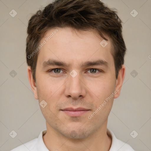 Neutral white young-adult male with short  brown hair and brown eyes