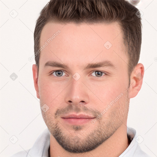 Neutral white young-adult male with short  brown hair and brown eyes