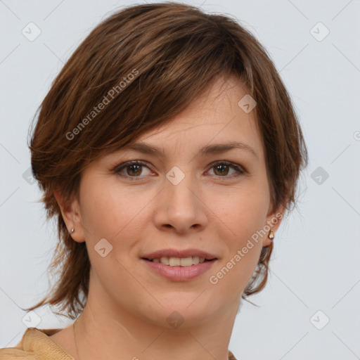 Joyful white young-adult female with medium  brown hair and brown eyes