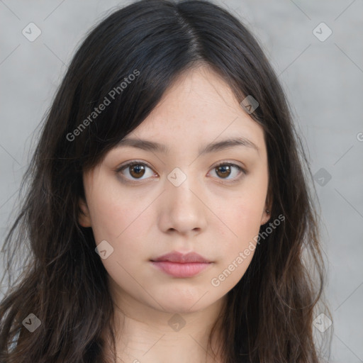 Neutral white young-adult female with long  brown hair and brown eyes