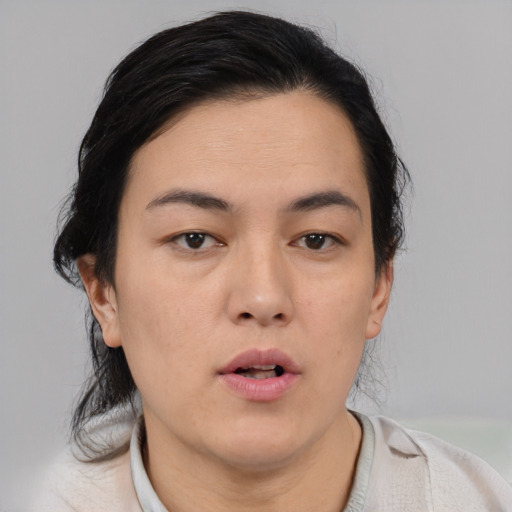 Neutral asian young-adult female with medium  black hair and brown eyes