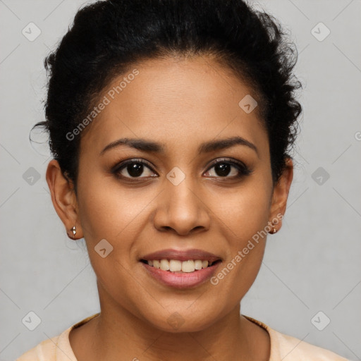 Joyful latino young-adult female with short  brown hair and brown eyes