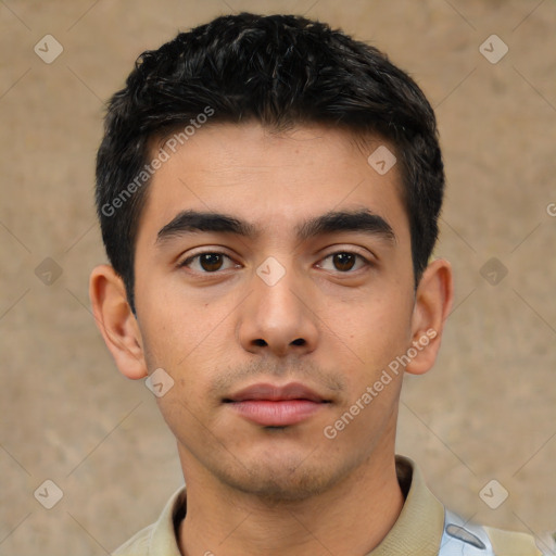 Neutral asian young-adult male with short  black hair and brown eyes