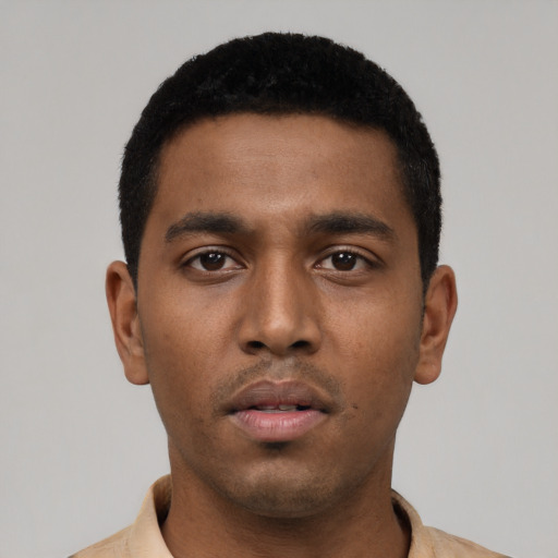 Neutral black young-adult male with short  black hair and brown eyes