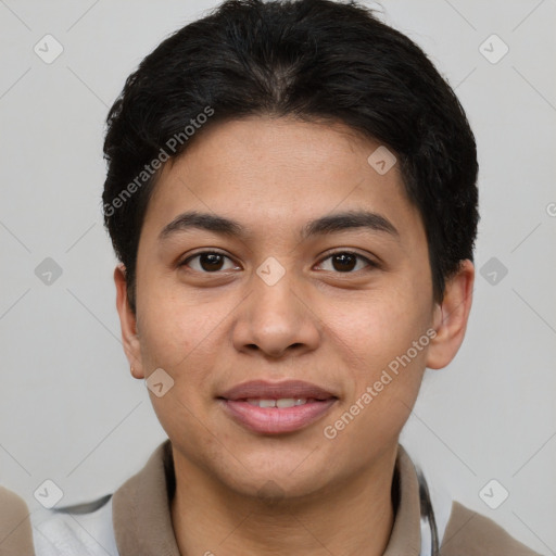 Joyful latino young-adult male with short  brown hair and brown eyes