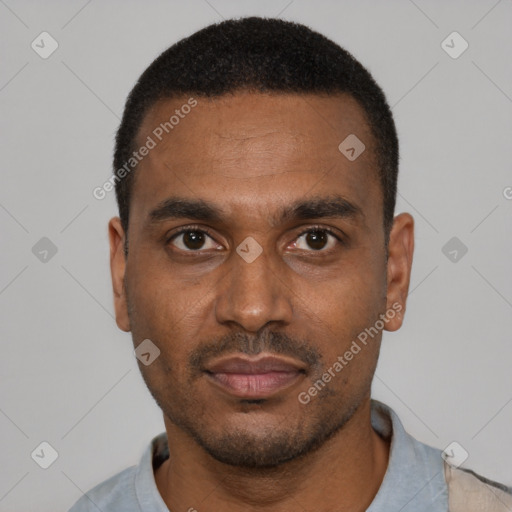 Neutral black young-adult male with short  black hair and brown eyes