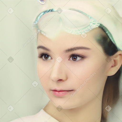 Neutral white young-adult female with short  brown hair and brown eyes