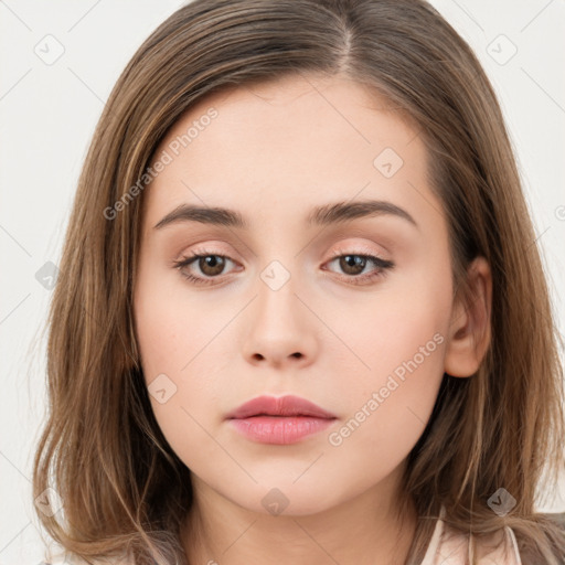 Neutral white young-adult female with long  brown hair and brown eyes