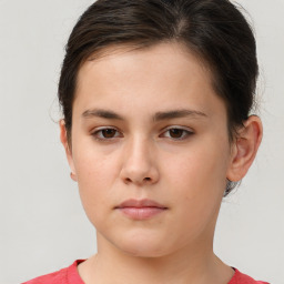 Neutral white young-adult female with short  brown hair and brown eyes