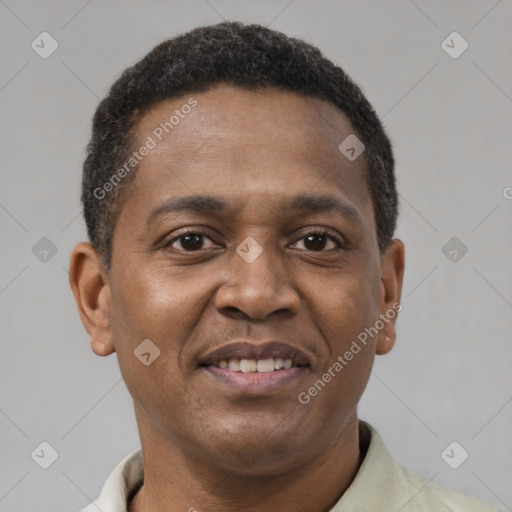 Joyful black adult male with short  brown hair and brown eyes