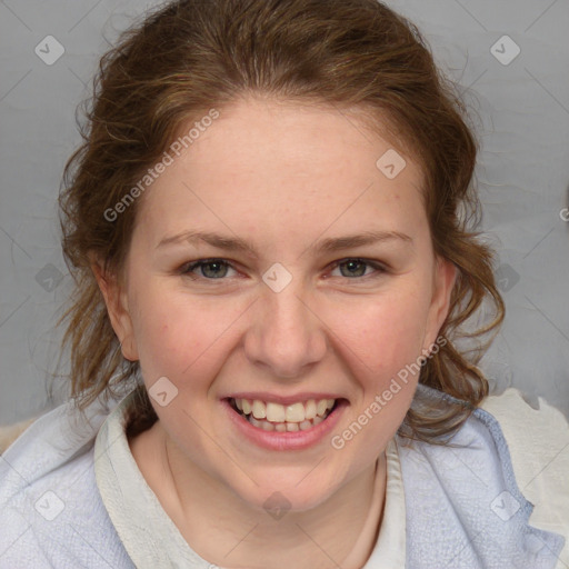 Joyful white young-adult female with medium  brown hair and blue eyes