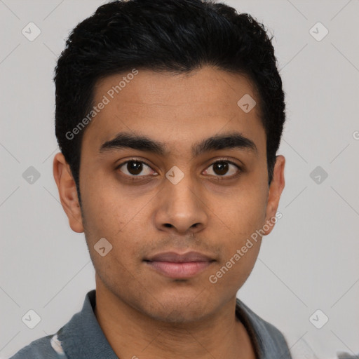 Neutral latino young-adult male with short  black hair and brown eyes