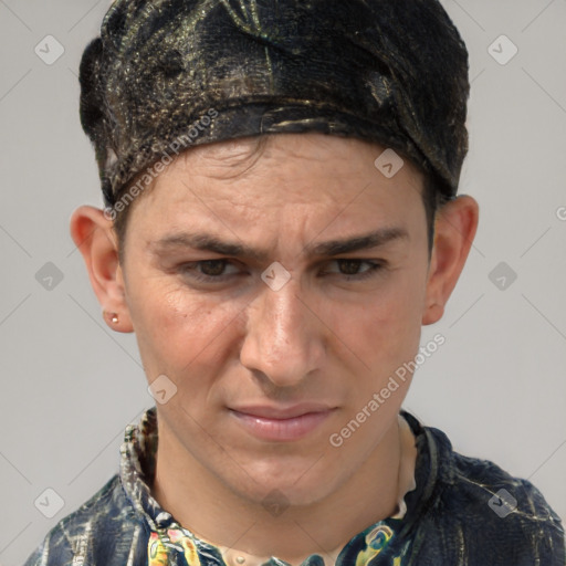 Joyful white adult male with short  brown hair and grey eyes