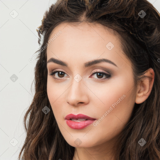 Neutral white young-adult female with long  brown hair and brown eyes