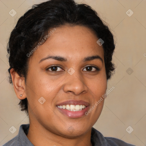 Joyful latino young-adult female with short  brown hair and brown eyes