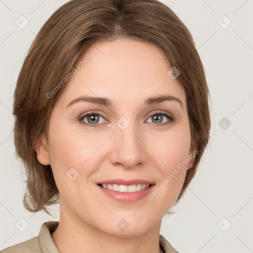 Joyful white young-adult female with medium  brown hair and green eyes