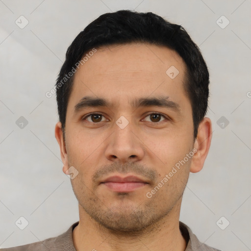 Neutral asian young-adult male with short  black hair and brown eyes