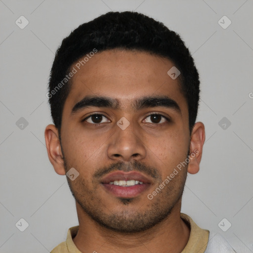 Neutral latino young-adult male with short  black hair and brown eyes