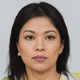 Neutral asian young-adult female with medium  black hair and brown eyes