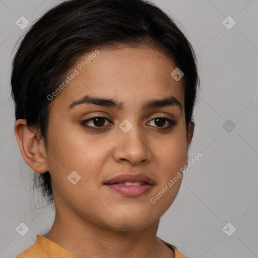 Joyful latino young-adult female with medium  brown hair and brown eyes