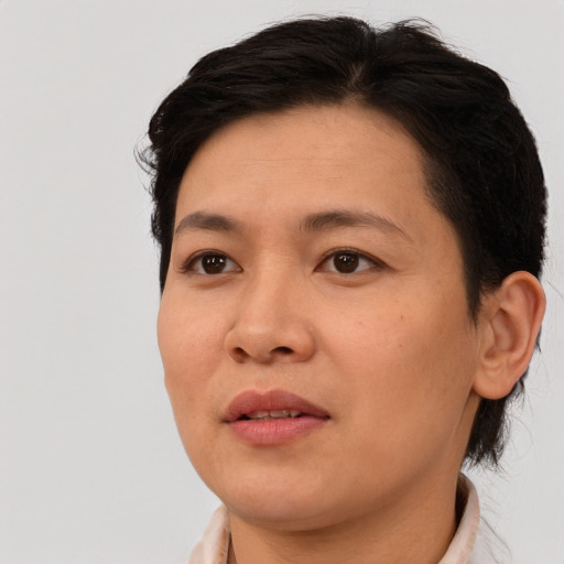 Joyful asian adult female with short  brown hair and brown eyes