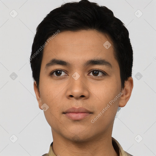 Neutral asian young-adult male with short  black hair and brown eyes