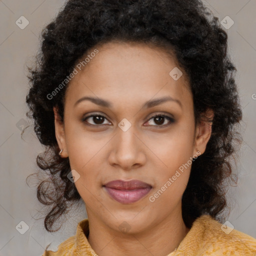 Joyful black young-adult female with medium  brown hair and brown eyes