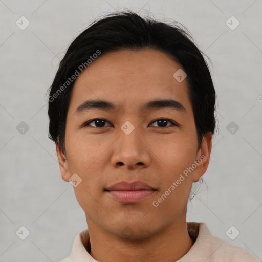 Neutral asian young-adult male with short  black hair and brown eyes