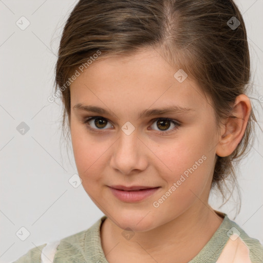 Joyful white child female with medium  brown hair and brown eyes