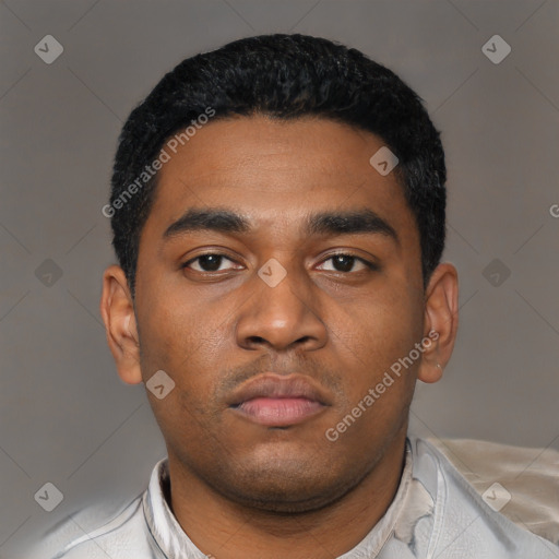 Neutral latino young-adult male with short  black hair and brown eyes