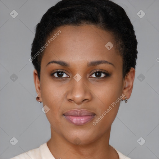 Joyful latino young-adult female with short  black hair and brown eyes