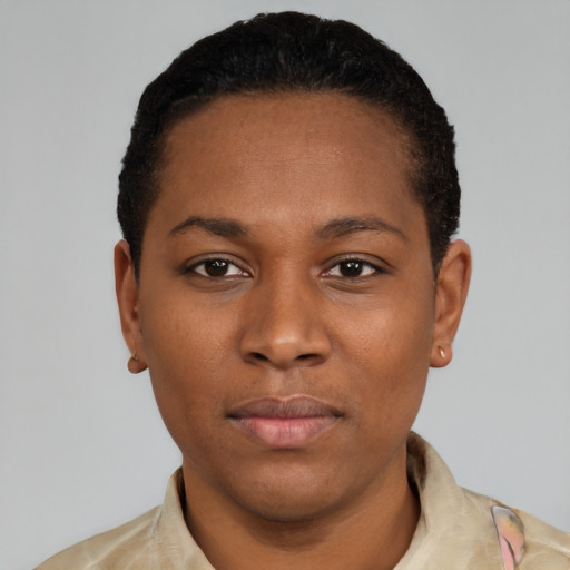 Neutral latino young-adult female with short  black hair and brown eyes