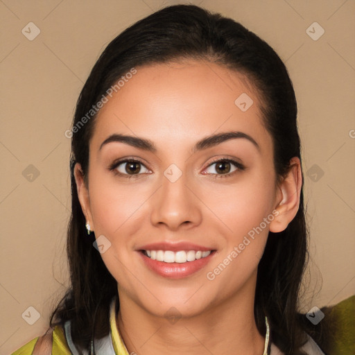 Joyful white young-adult female with long  black hair and brown eyes