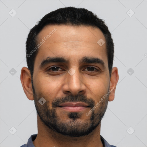 Neutral latino adult male with short  black hair and brown eyes