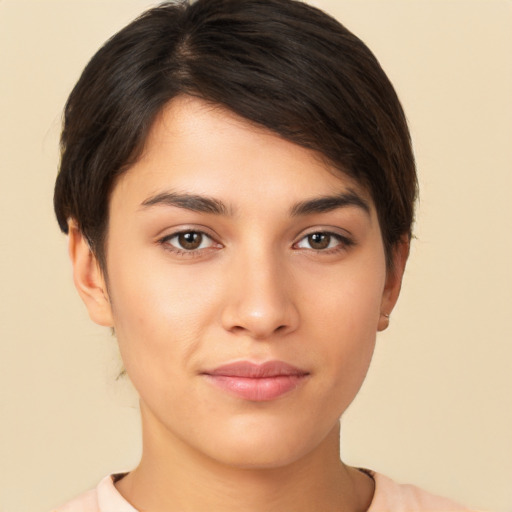 Neutral white young-adult female with short  brown hair and brown eyes