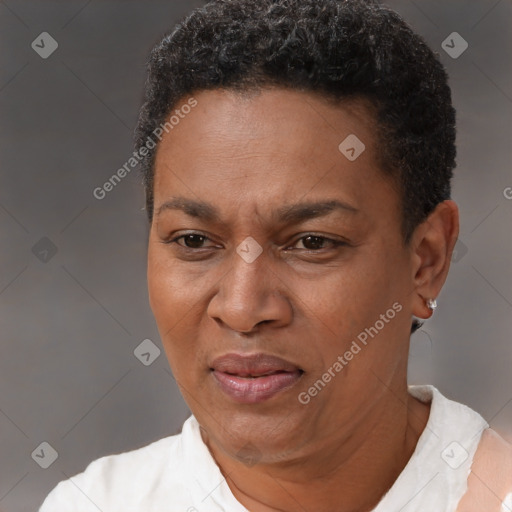 Joyful black adult female with short  brown hair and brown eyes