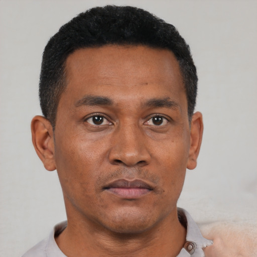 Neutral black adult male with short  black hair and brown eyes