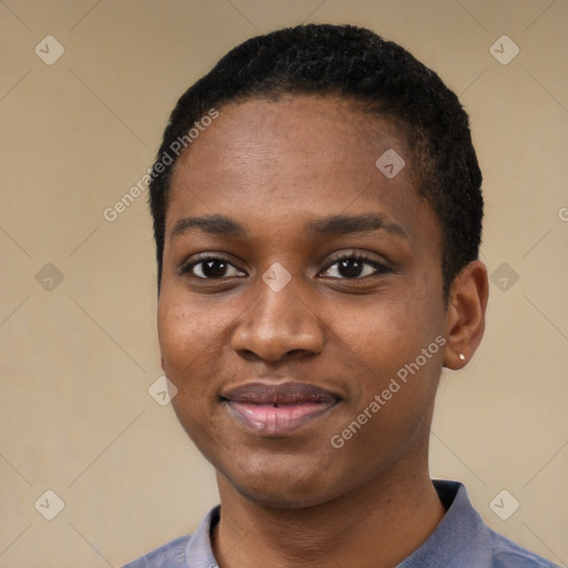 Joyful black young-adult female with short  black hair and brown eyes