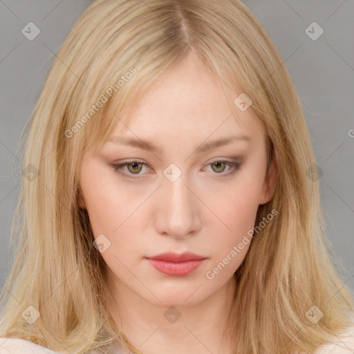 Neutral white young-adult female with long  brown hair and brown eyes