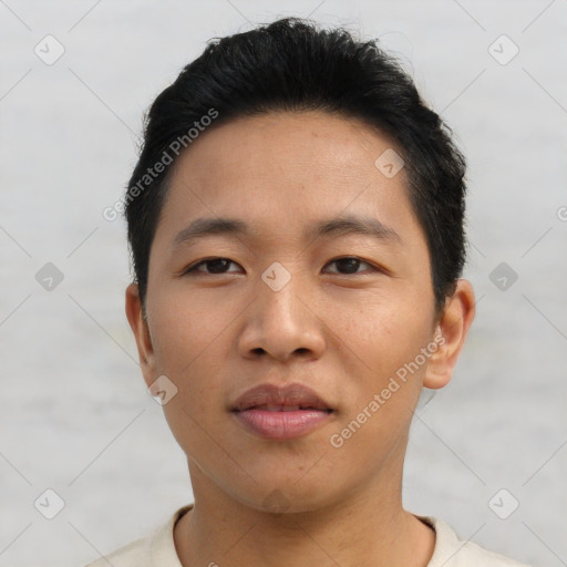 Neutral asian young-adult male with short  brown hair and brown eyes