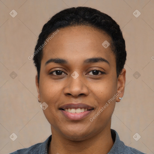 Joyful latino young-adult female with short  black hair and brown eyes