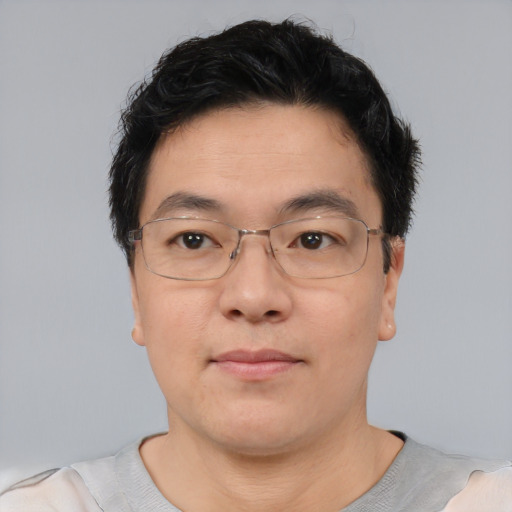 Neutral asian adult male with short  brown hair and brown eyes
