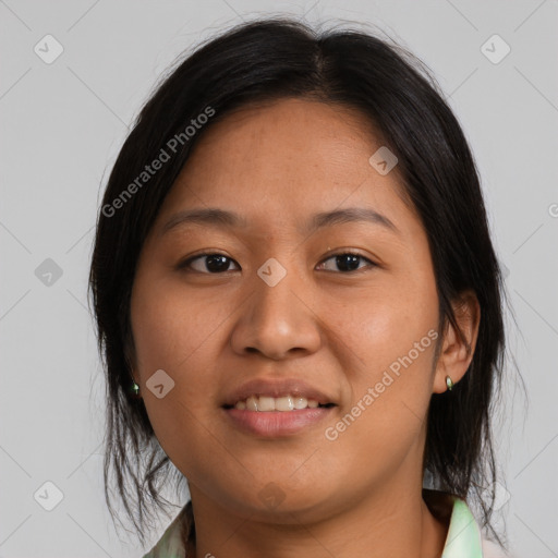 Joyful asian young-adult female with medium  brown hair and brown eyes