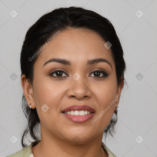 Joyful latino young-adult female with medium  brown hair and brown eyes