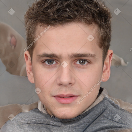 Neutral white young-adult male with short  brown hair and grey eyes