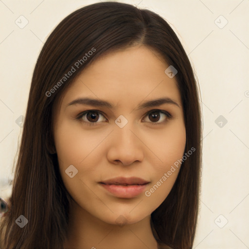 Neutral latino young-adult female with long  brown hair and brown eyes